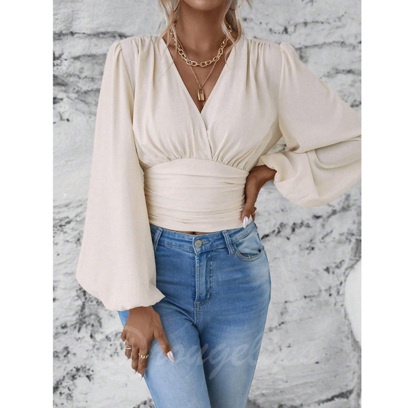 Beige V-Neck Long Lantern Sleeve Ruched Top Shirt Blouse - Picture 2 of 9